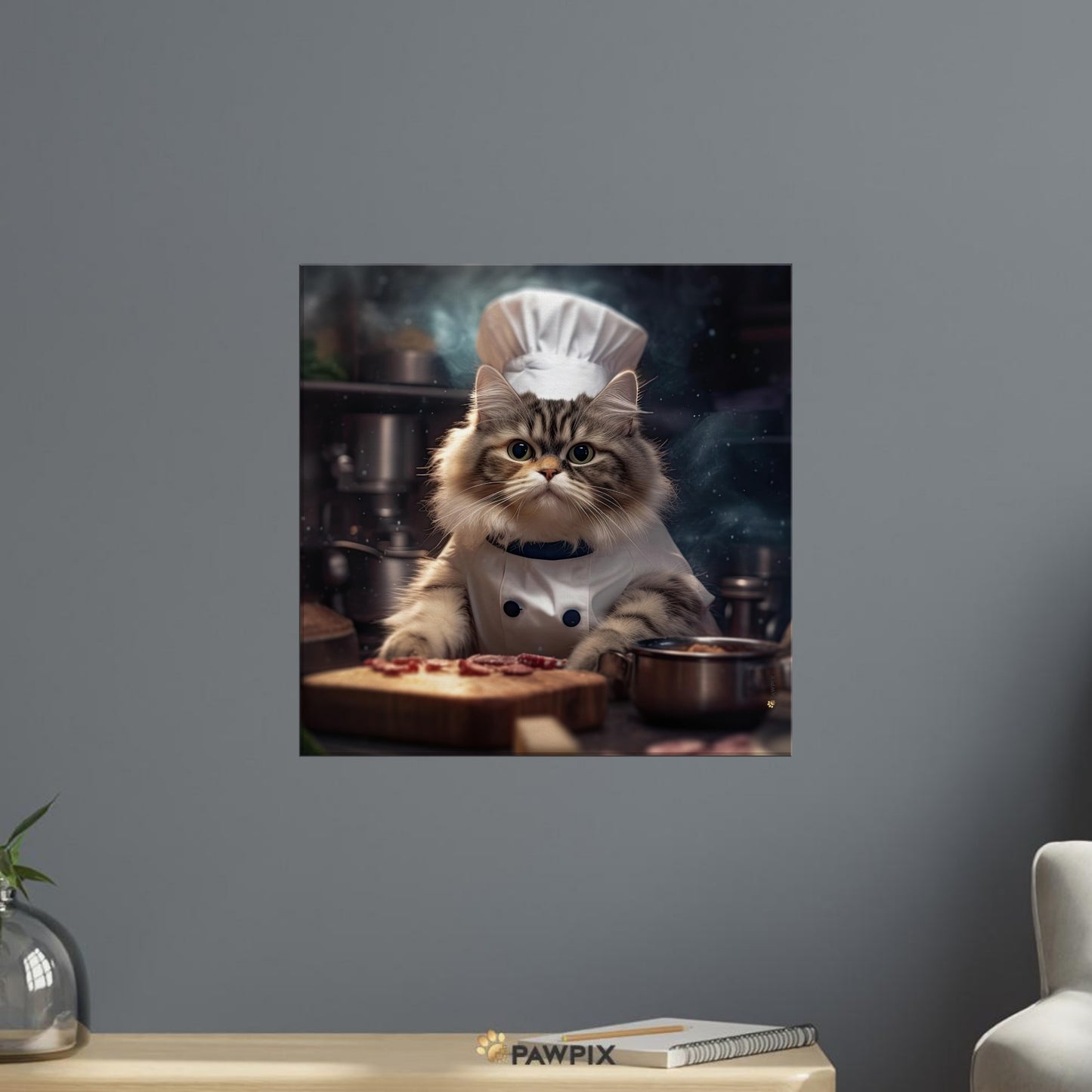 Katze im Chat de Cuisine TB001-Stil, gedruckt auf Premium-Poster mit Leisten. Entdecke bei PawPix.de, Haustierporträt, hochwertig, Wallart, Ready to Hang und schnelle Lieferung.