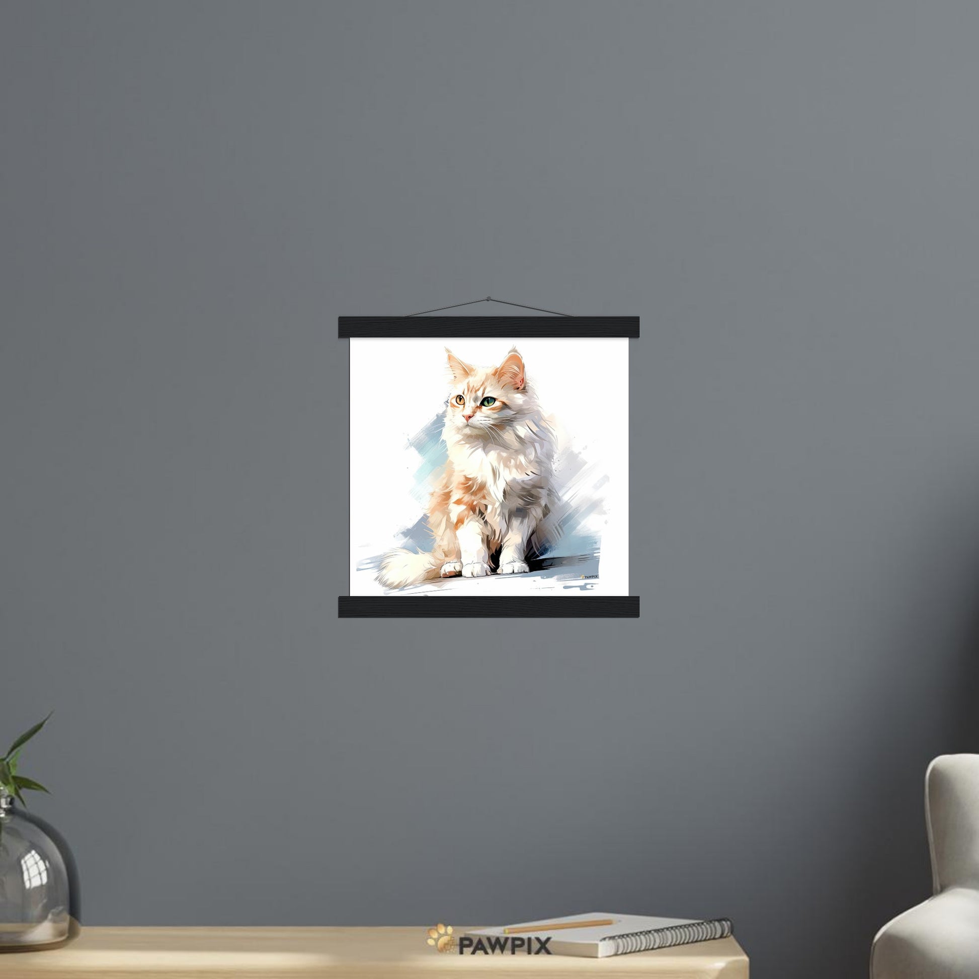 Katze im Watercolor Cat MH001-Stil, gedruckt auf Premium-Poster mit Leisten. Entdecke bei PawPix.de, Haustierporträt, hochwertig, Wallart, Ready to Hang und schnelle Lieferung.