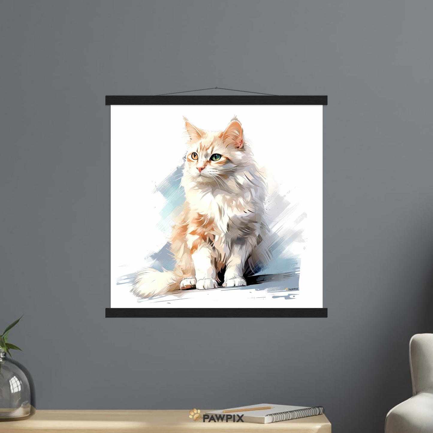 Katze im Watercolor Cat MH001-Stil, gedruckt auf Premium-Poster mit Holzrahmen. Entdecke bei PawPix.de, Haustierporträt, hochwertig, Wallart, Ready to Hang und schnelle Lieferung.