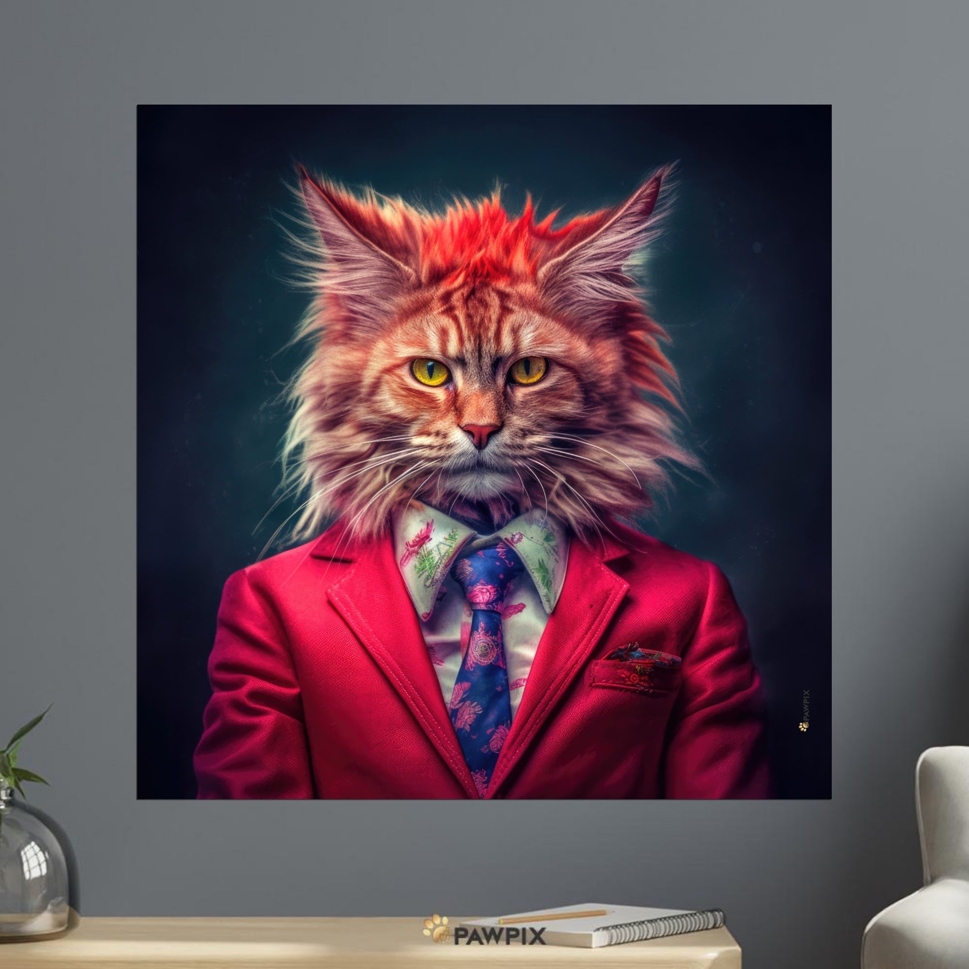 Katze im Suits Cat MH001-Stil, gedruckt auf Leinwand. Entdecke bei PawPix.de, Haustierporträt, hochwertig, Wallart, Ready to Hang und schnelle Lieferung.