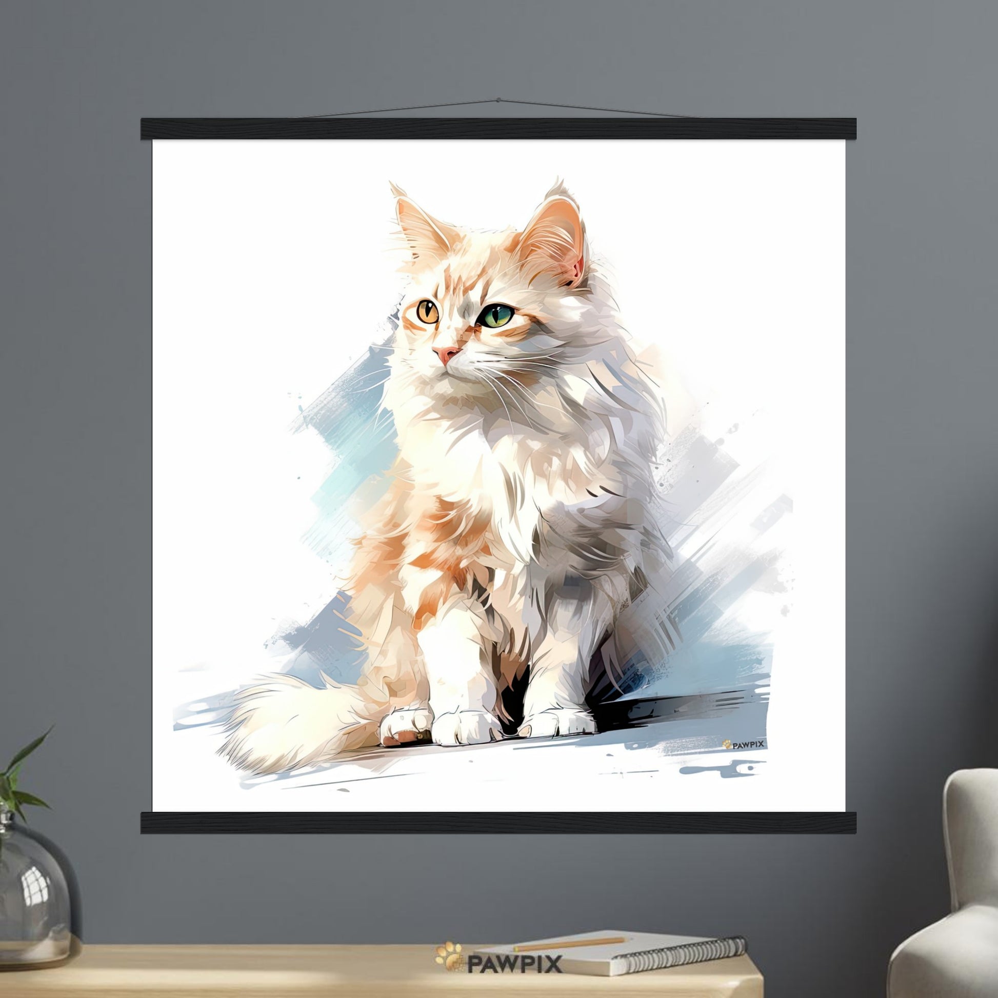 Katze im Watercolor Cat MH001-Stil, gedruckt auf Premium-Poster mit Leisten. Entdecke bei PawPix.de, Haustierporträt, hochwertig, Wallart, Ready to Hang und schnelle Lieferung.