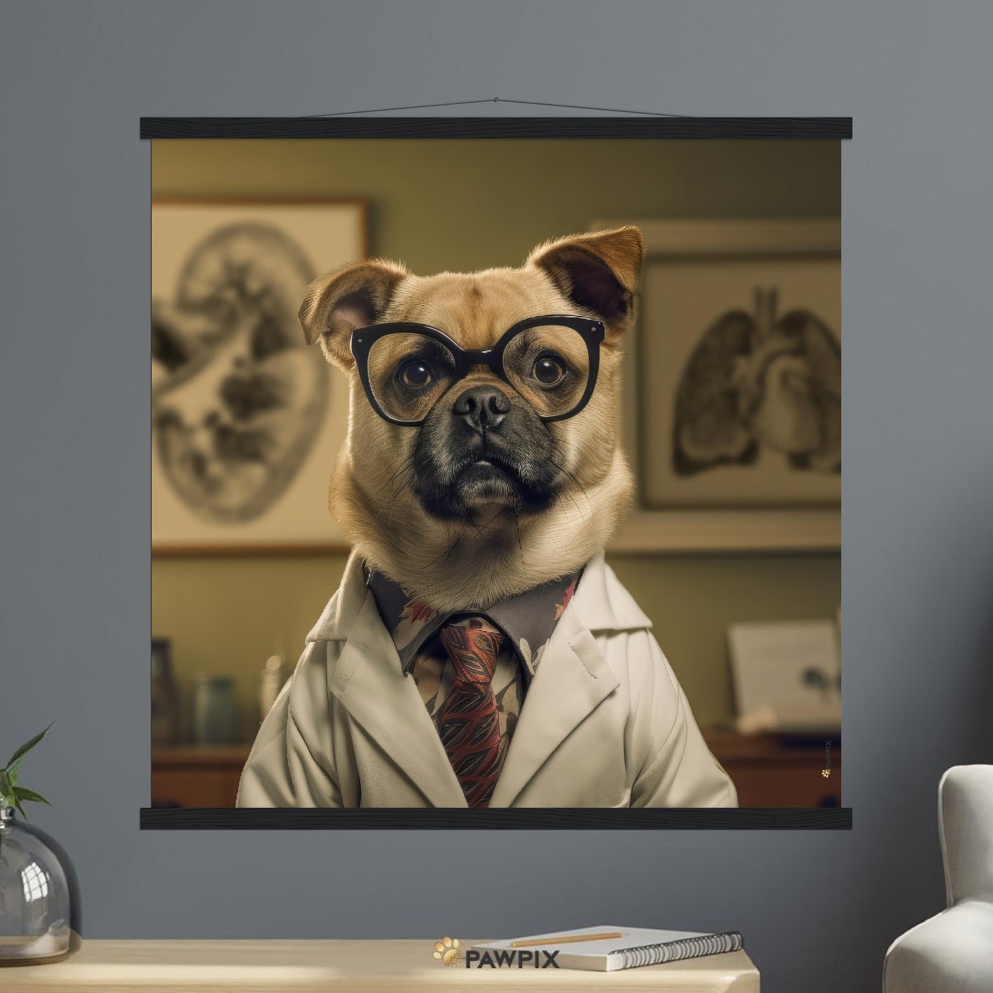Hund im Doc Dog MH001-Stil, gedruckt auf Premium-Poster mit Holzrahmen. Entdecke bei PawPix.de, Haustierporträt, hochwertig, Wallart, Ready to Hang und schnelle Lieferung.