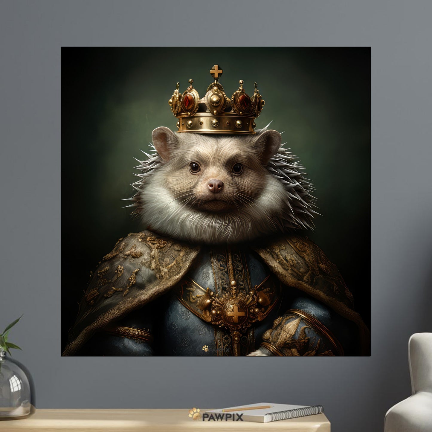  im Royal Hedgehog TB001-Stil, gedruckt auf Leinwand. Entdecke bei PawPix.de, Haustierporträt, hochwertig, Wallart, Ready to Hang und schnelle Lieferung.