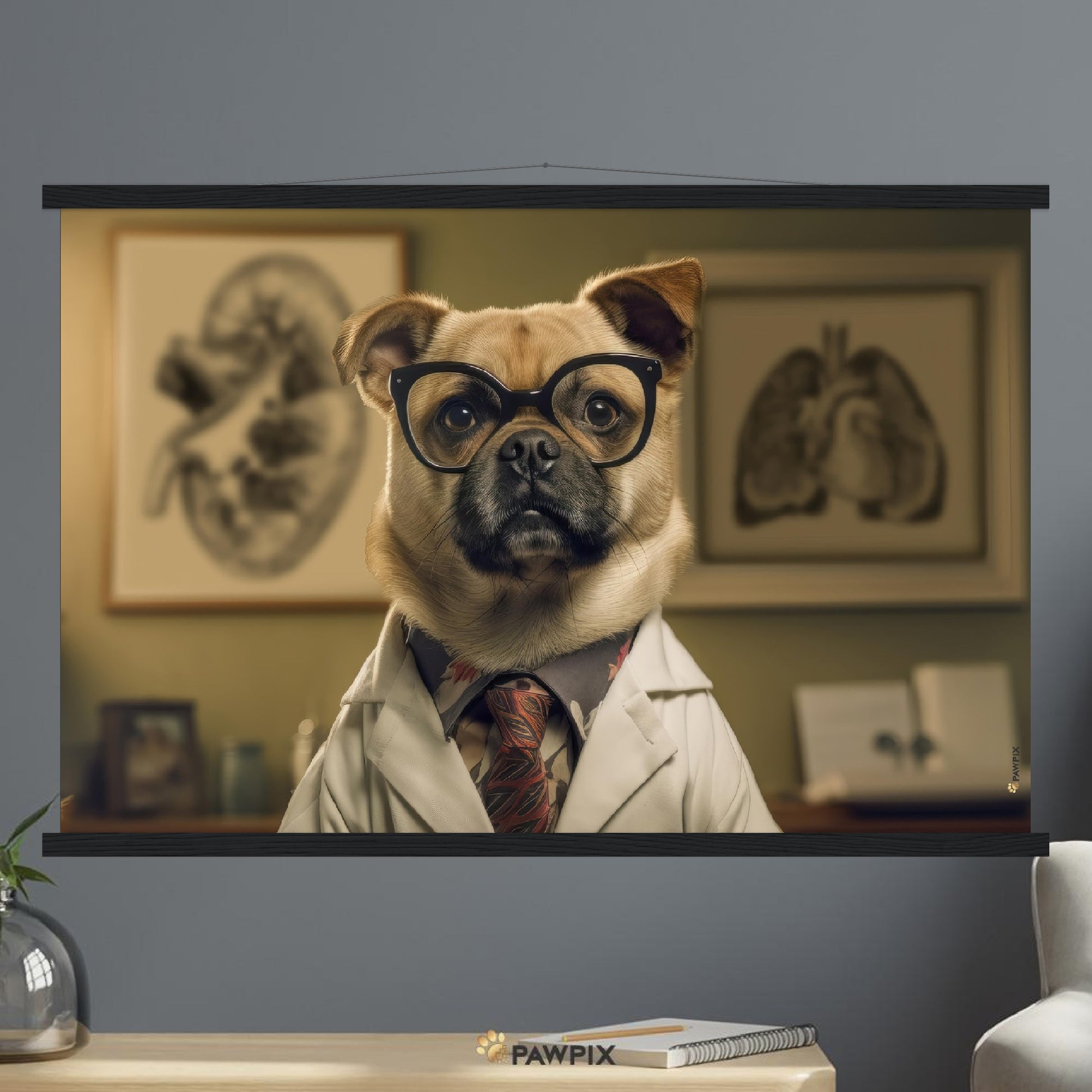 Hund im Doc Dog MH001-Stil, gedruckt auf Premium-Poster mit Leisten. Entdecke bei PawPix.de, Haustierporträt, hochwertig, Wallart, Ready to Hang und schnelle Lieferung.