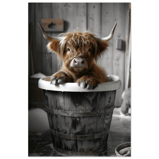  Highland-Cow sitzt in einem rustikalen Holzeimer. 