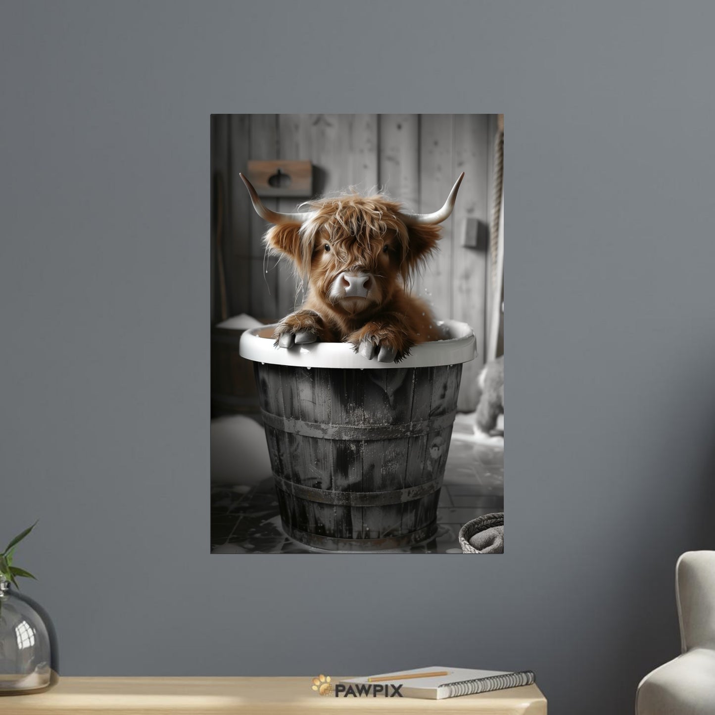 Highland Cow sitzt im Holzeimer in einem gemütlichen Wohnzimmer mit grauer Wand und rustikaler Dekoration.