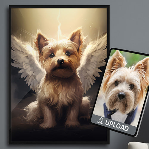 Hund mit Engelsflügeln und Heiligenschein, steht für die liebevollen und sentimentalen Porträt-Optionen bei PawPix.de.