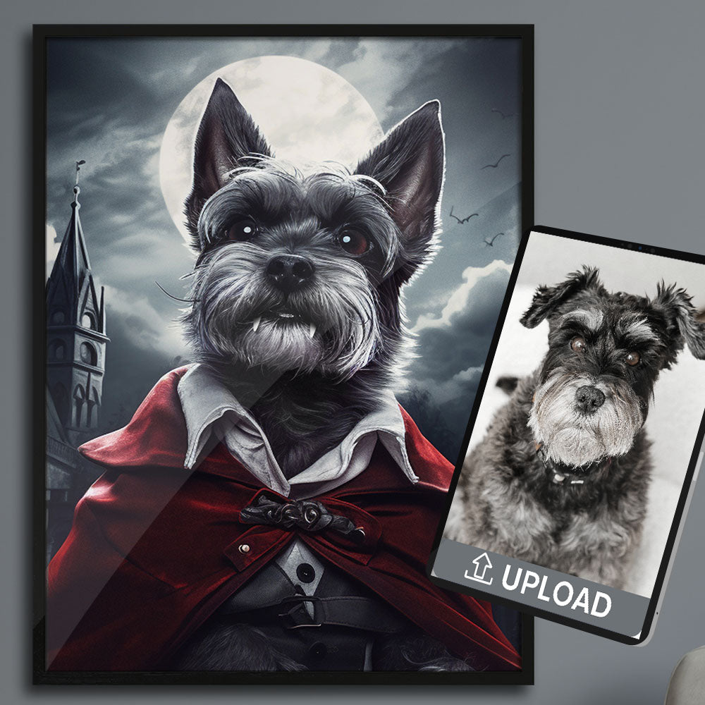 Hund im Vampire Dog-Stil, ideal für Halloween und Gruselfans, gedruckt auf Poster, perfekt für pawpix Liebhaber. Entdecke bei PawPix.de, Haustierporträt, hochwertig, Wallart, Ready to Hang und schnelle Lieferung.
