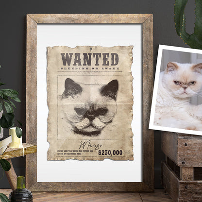 Custom Cat Portrait Wanted  - Personalized Funny Animal Poster, Unique Pet Mugshot Art, Perfect Gift for Cat Owner and Pet Lover